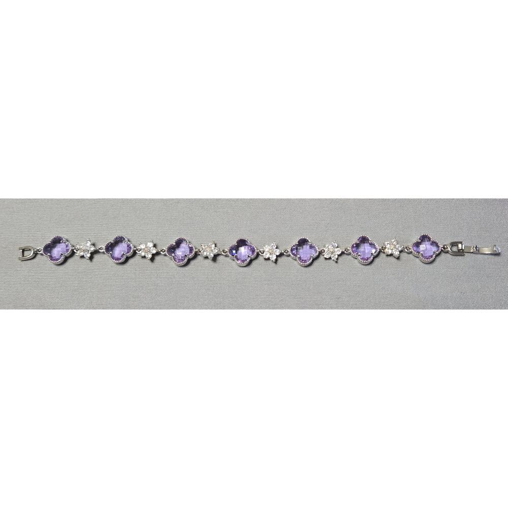 Silver Tone Purple Clover Station Bracelet Zircon Crystal Accents - Picture 3 of 7